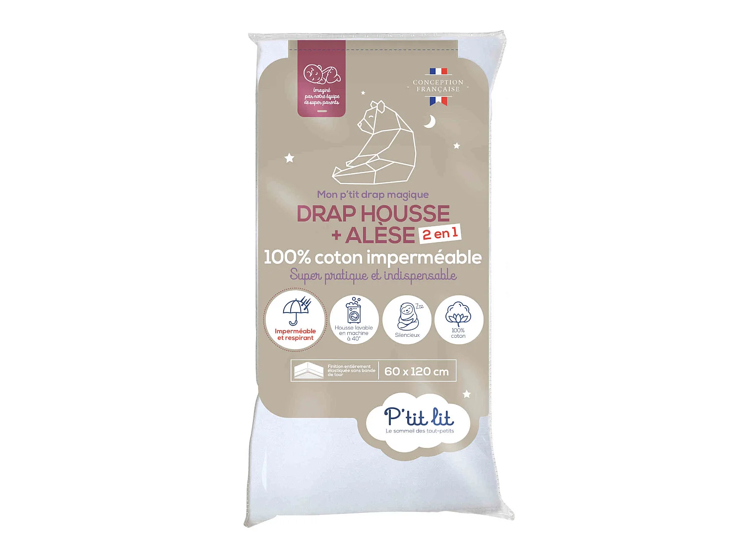 Drap housse bébé + alèse 2 en 1 coton imperméable blanc 60x120 cm