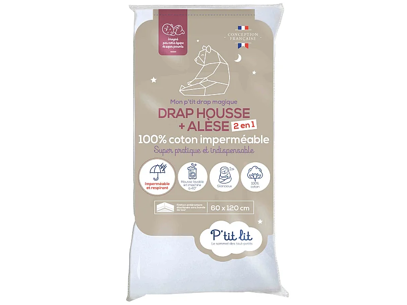 Drap housse bébé + alèse 2 en 1 coton imperméable blanc 60x120 cm