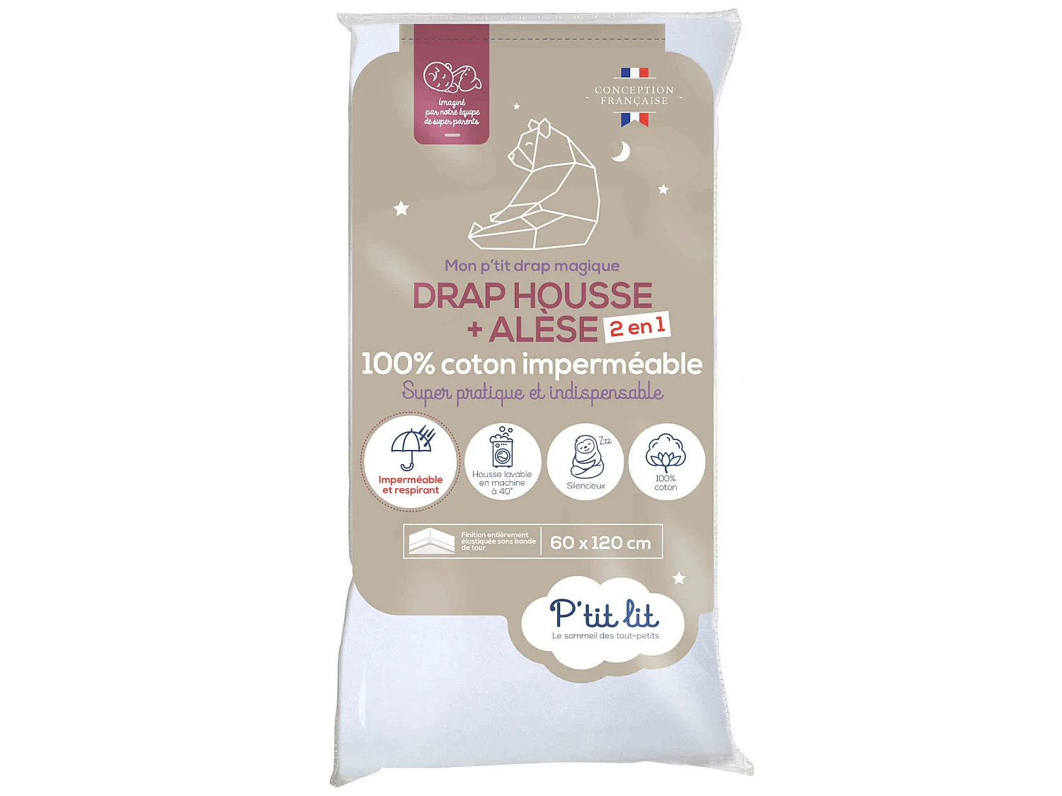 Drap housse bébé + alèse 2 en 1 coton imperméable blanc 70x140 cm