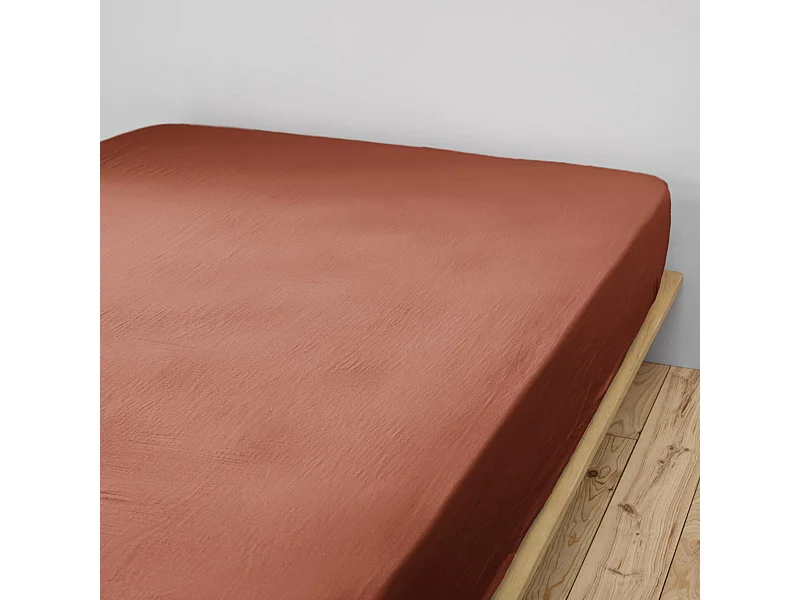 Drap housse double gaze de coton orange terracotta 160x200 cm