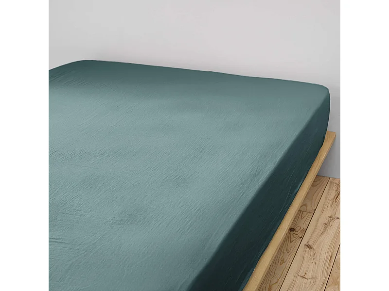 Drap housse double gaze de coton bleu canard 160x200 cm