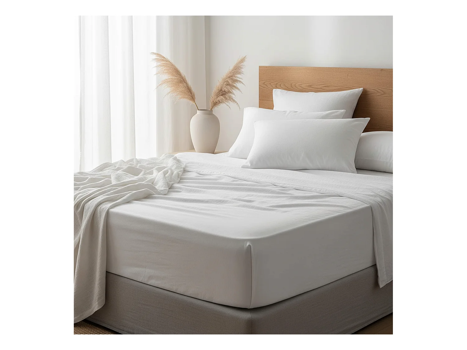 Drap housse blanc 100% lin bonnet 30 cm 90x200 cm