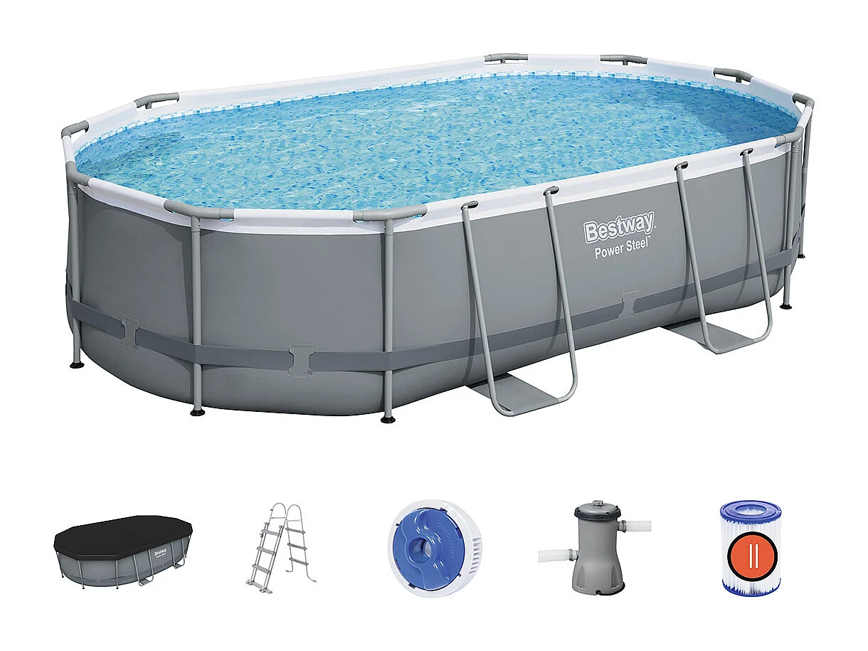 Piscina Fuori Terra Bestway Power Steel Ovale 488x305x107 cm con Pompa Filtro a Cartuccia 3.028 L/H con Scaletta e Copertura