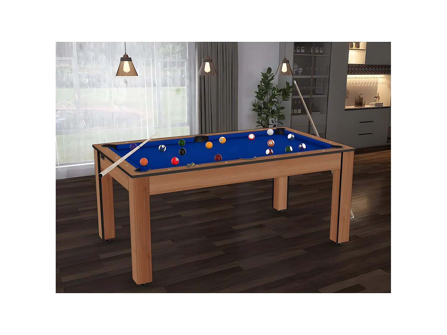 Table de Billard Convertible "Ohio" 185cm Hêtre & Bleu