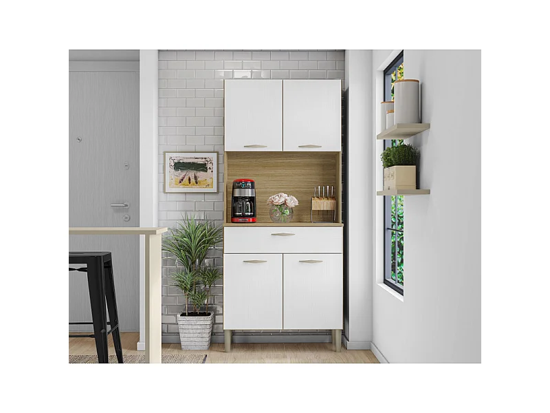 Buffet de Cuisine 4 Portes 1 Tiroir Chêne et Blanc L 74.5 H 170.5 P 36.3 cm