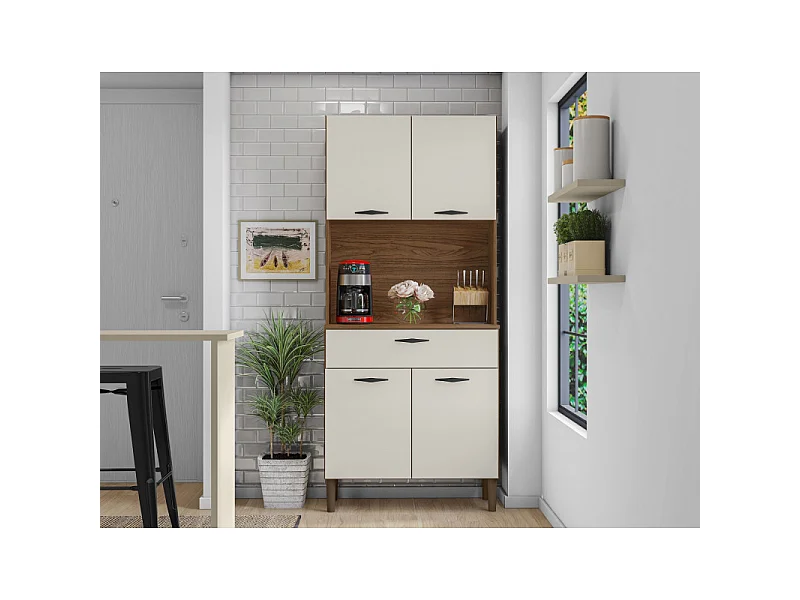 Buffet de Cuisine 4 Portes 1 Tiroir Noyer et Blanc Largeur 74.5 cm