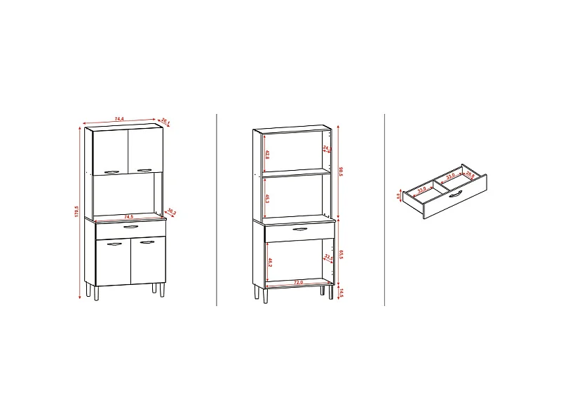 Buffet de Cuisine 4 Portes 1 Tiroir Noyer et Blanc Largeur 74.5 cm