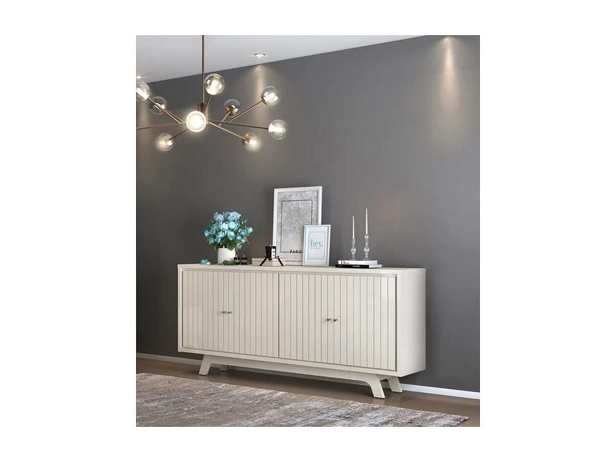 Buffet 4 Portes 4 Niches 2 Etagères Blanc Ecru L 180 H 80.5 P 35.7 cm