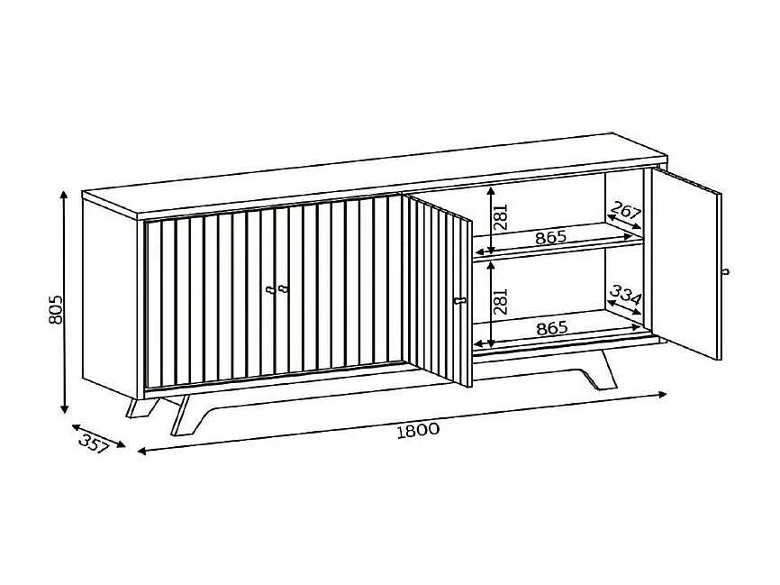 Buffet 4 Portes 4 Niches 2 Etagères Blanc Ecru L 180 H 80.5 P 35.7 cm