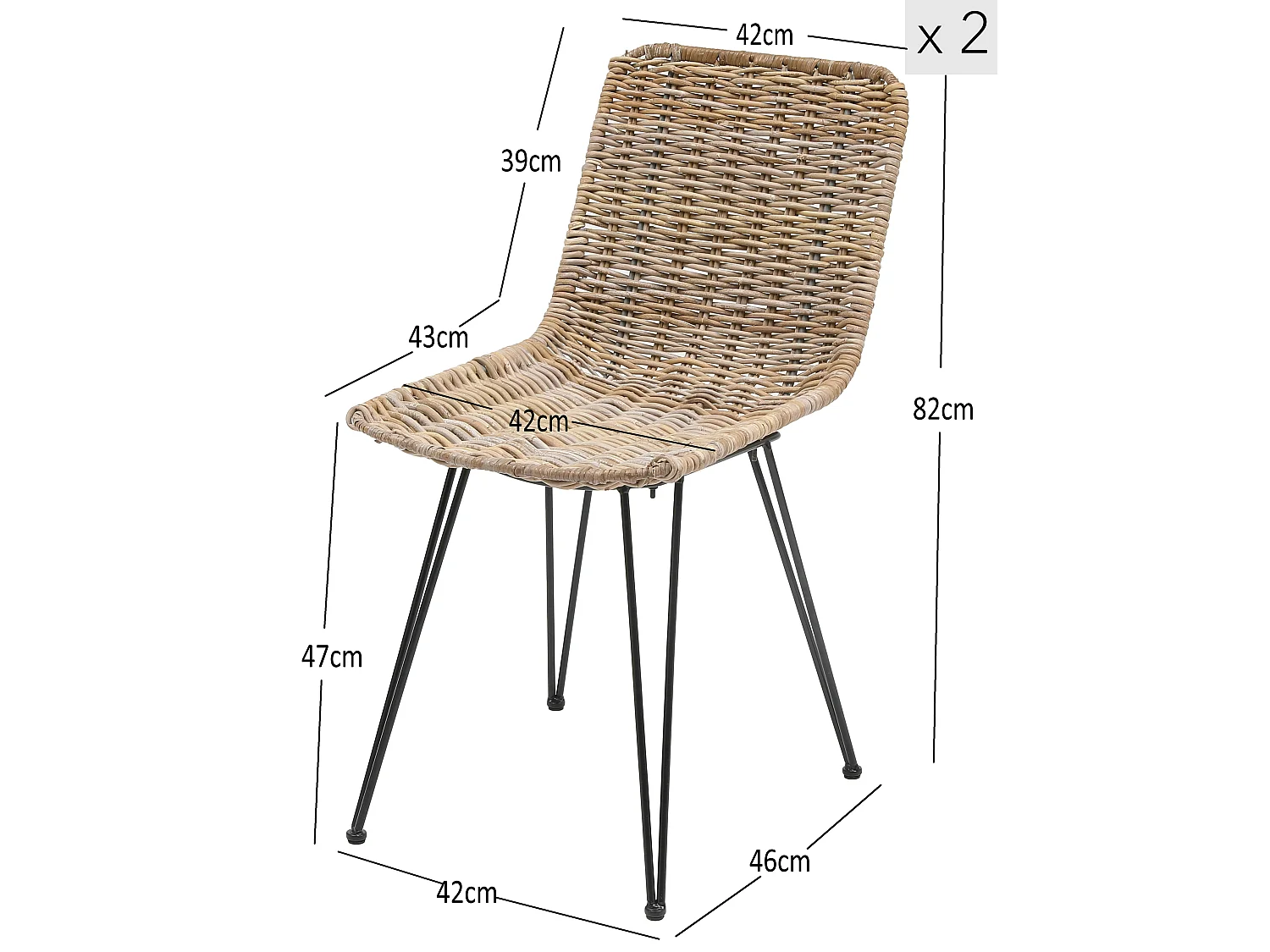 Lot de 2 chaises en métal et rotin naturel