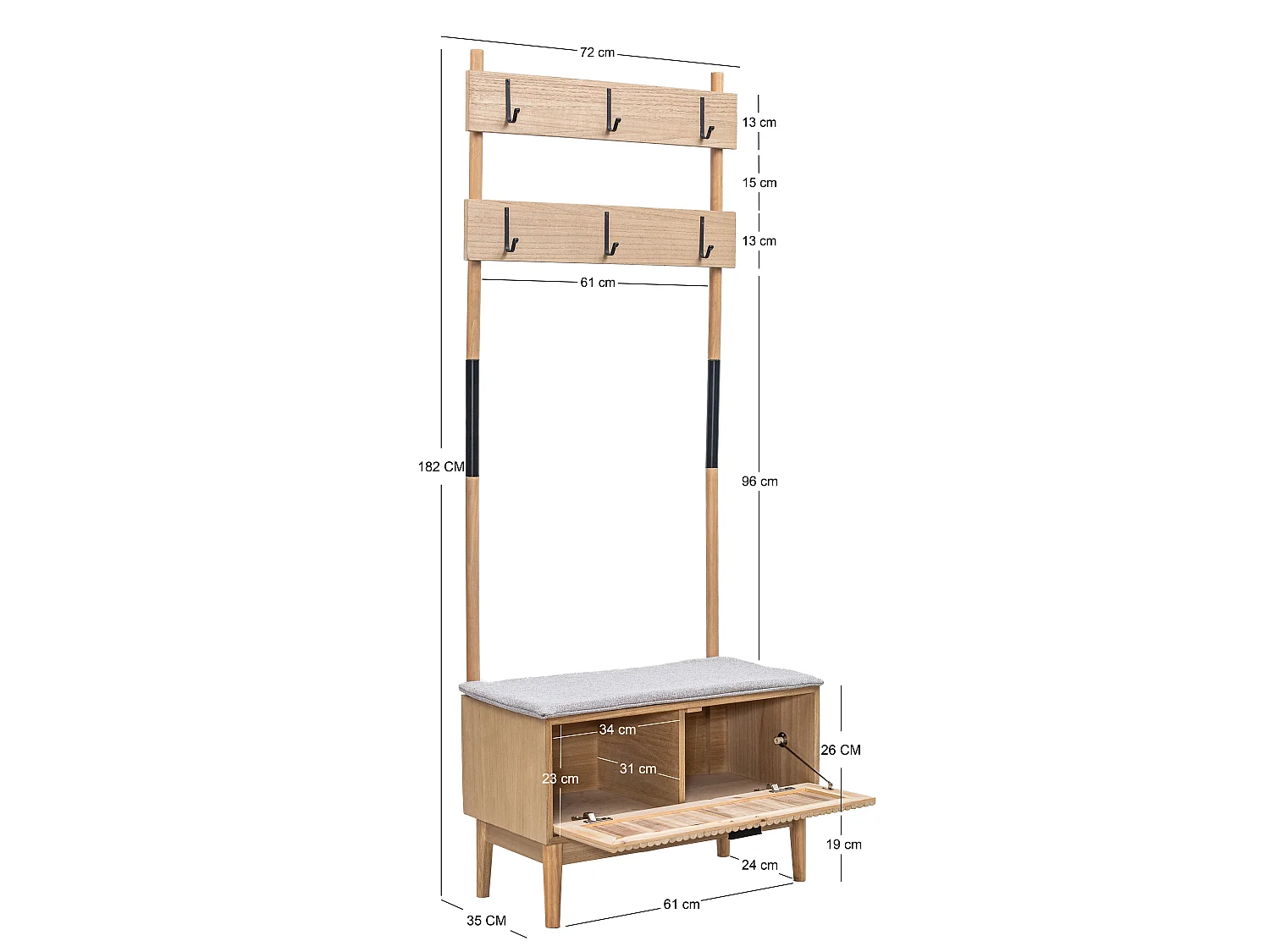 Vestiaire d'entrée en bois massif et tissu gris