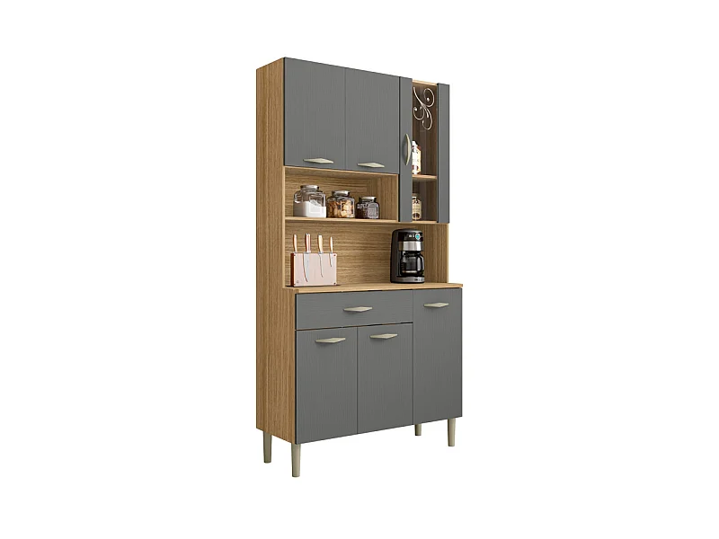 Buffet de Cuisine 6 Portes 1 Tiroir Chêne et Gris L 90.9 H 173.5 P 36.3 cm