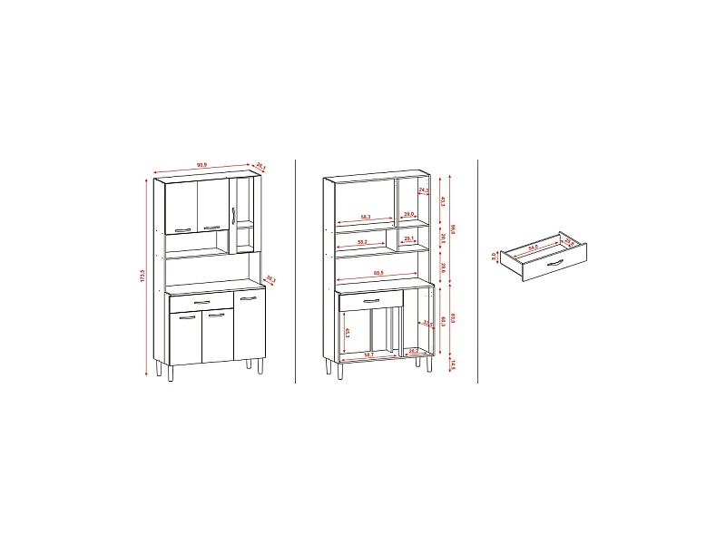 Buffet de Cuisine 6 Portes 1 Tiroir Chêne et Gris L 90.9 H 173.5 P 36.3 cm