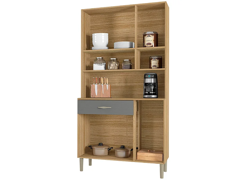 Buffet de Cuisine 6 Portes 1 Tiroir Chêne et Gris L 90.9 H 173.5 P 36.3 cm