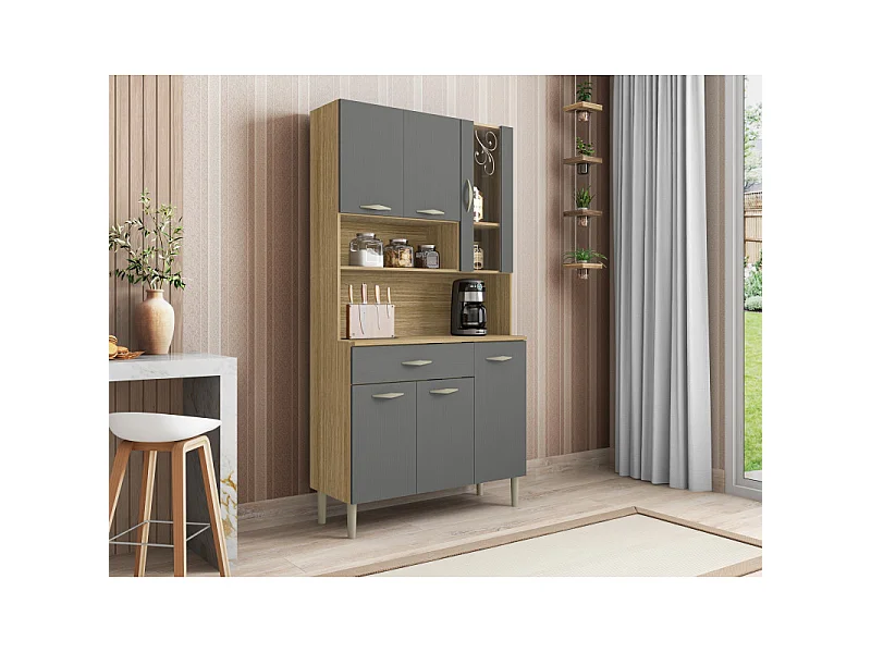 Buffet de Cuisine 6 Portes 1 Tiroir Chêne et Gris L 90.9 H 173.5 P 36.3 cm