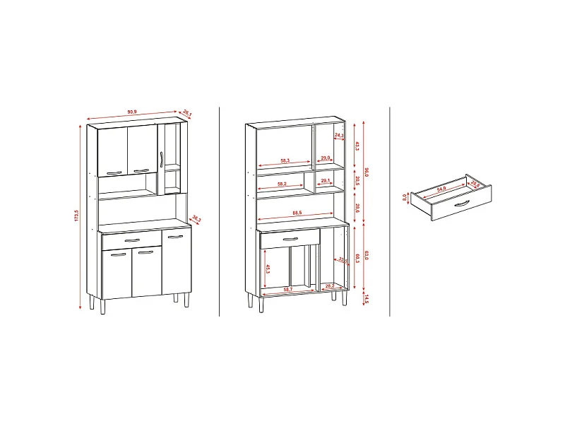 Buffet de Cuisine 6 Portes 1 Tiroir Chêne et Gris L 90.9 H 173.5 P 36.3 cm