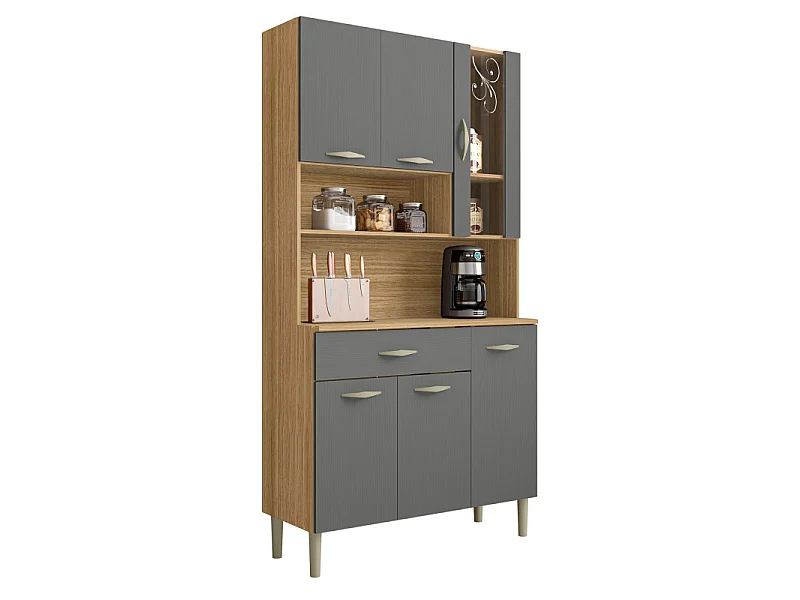 Buffet de Cuisine 6 Portes 1 Tiroir Chêne et Gris L 90.9 H 173.5 P 36.3 cm