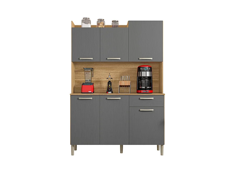Buffet de Cuisine 6 Portes 1 Tiroir Chêne et Gris Largeur 122 cm