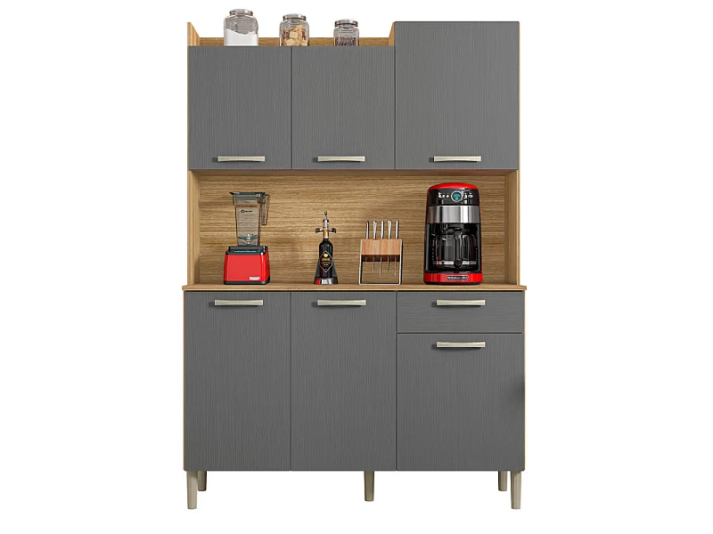 Buffet de Cuisine 6 Portes 1 Tiroir Chêne et Gris Largeur 122 cm