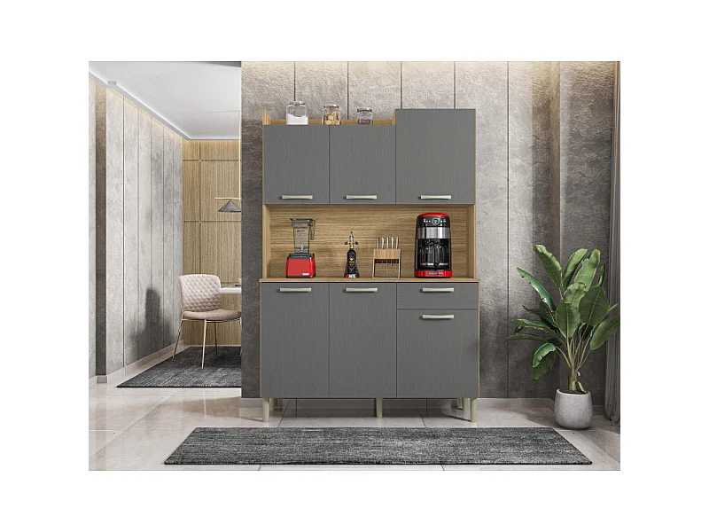 Buffet de Cuisine 6 Portes 1 Tiroir Chêne et Gris Largeur 122 cm
