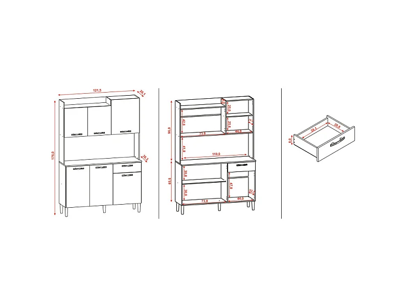 Buffet de Cuisine 6 Portes 1 Tiroir Chêne et Gris Largeur 122 cm