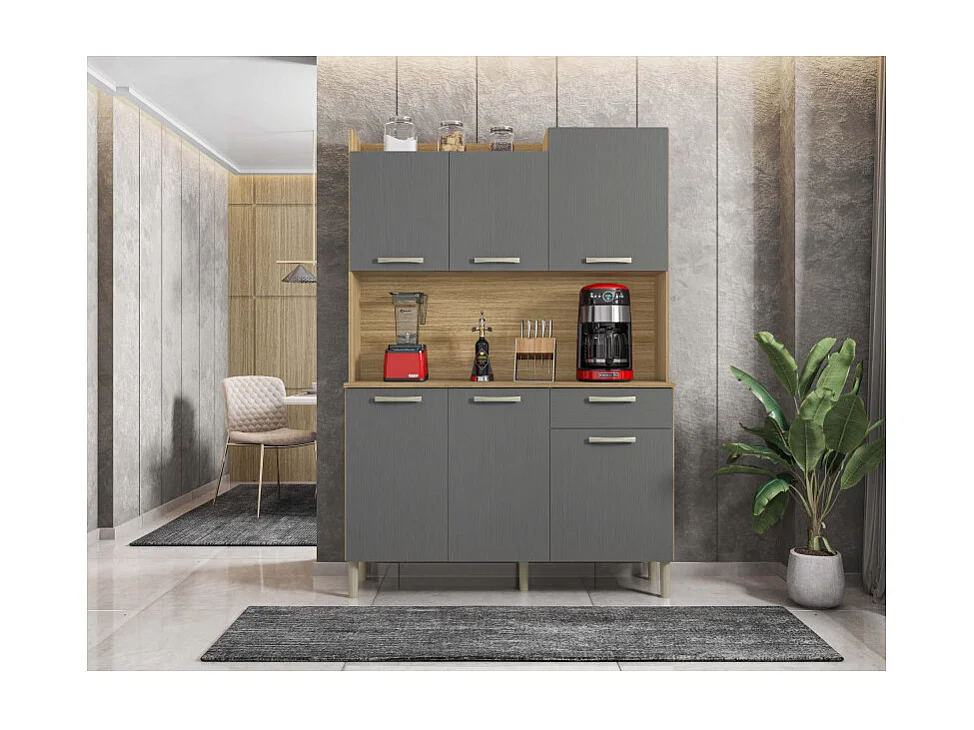 Buffet de Cuisine 6 Portes 1 Tiroir Chêne et Gris Largeur 122 cm