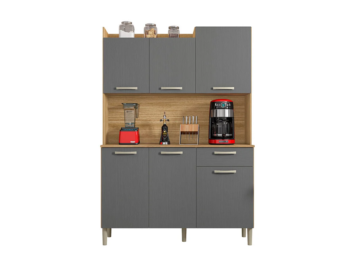 Buffet de Cuisine 6 Portes 1 Tiroir Chêne et Gris Largeur 122 cm