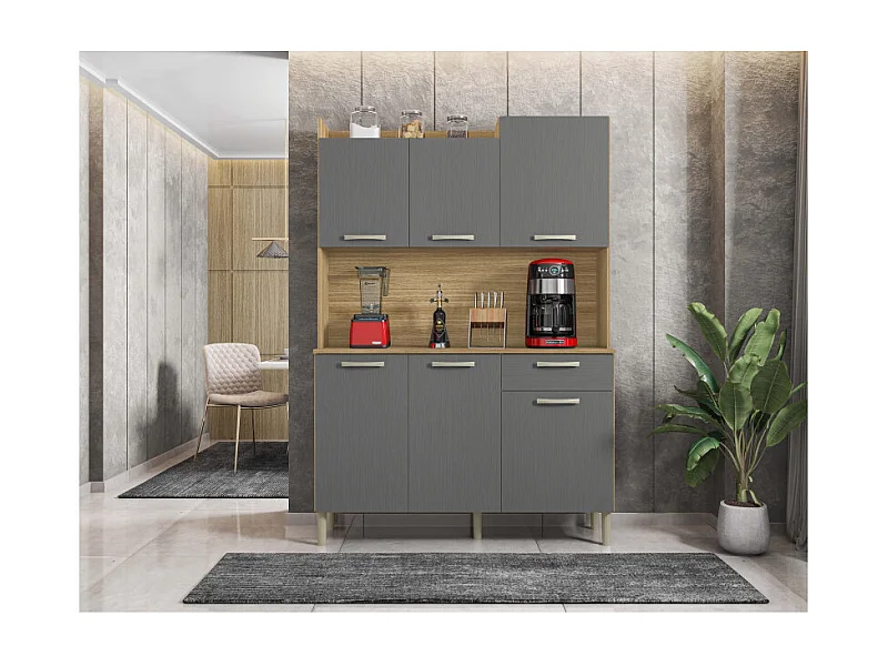 Buffet de Cuisine 6 Portes 1 Tiroir Chêne et Gris Largeur 122 cm