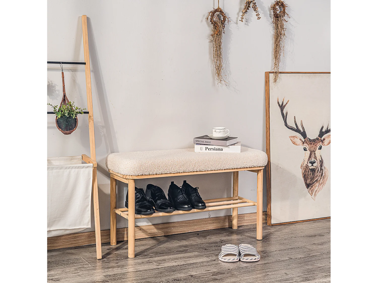 Banc avec rangement en pin massif et bouclettes