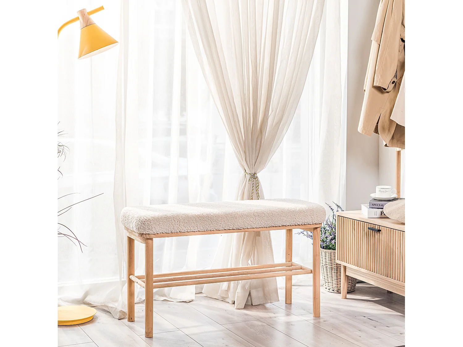 Banc avec rangement en pin massif et bouclettes