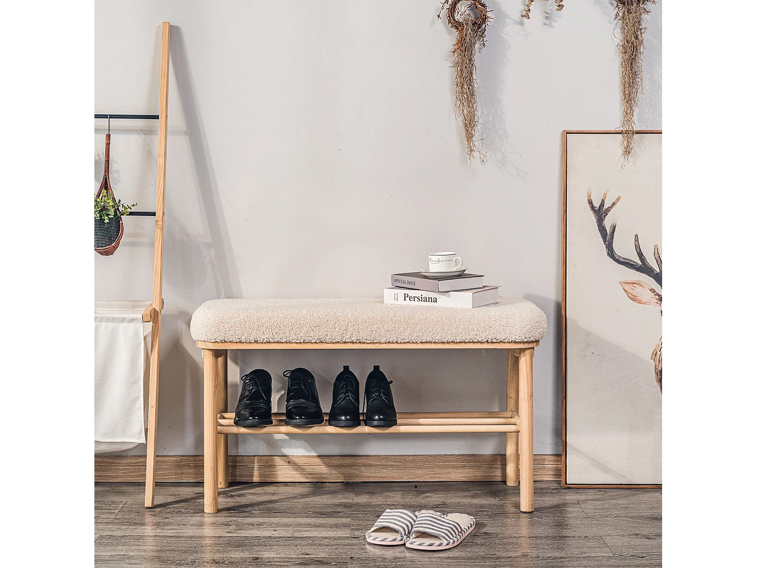 Banc avec rangement en pin massif et bouclettes