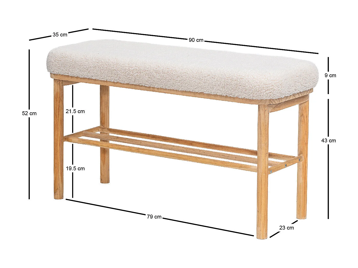 Banc avec rangement en pin massif et bouclettes