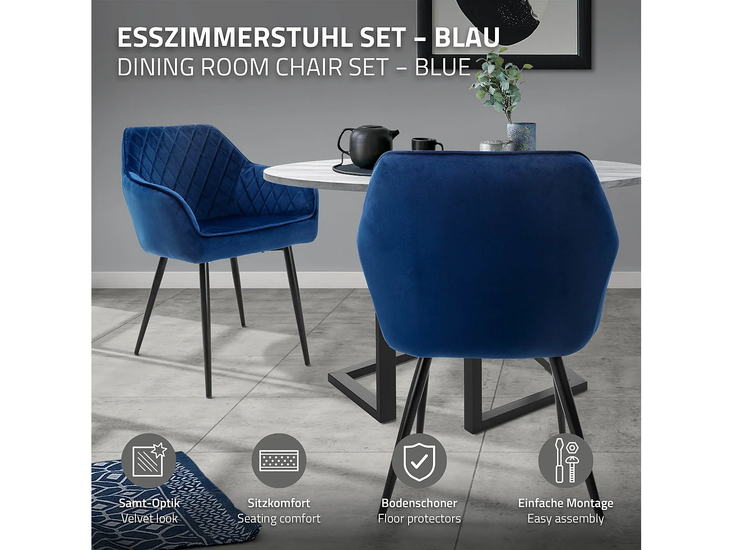 Lot de 6 chaises de salle à manger bleu foncé dossier et accoudoirs ergonomiques revêtement en velours respirant pieds noir en acier design moderne