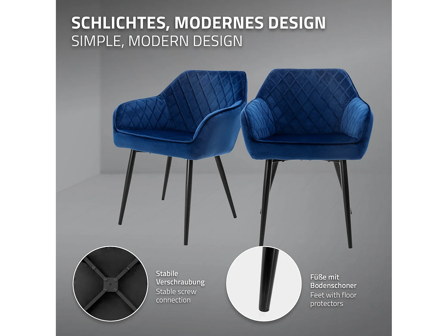 Lot de 6 chaises de salle à manger bleu foncé dossier et accoudoirs ergonomiques revêtement en velours respirant pieds noir en acier design moderne