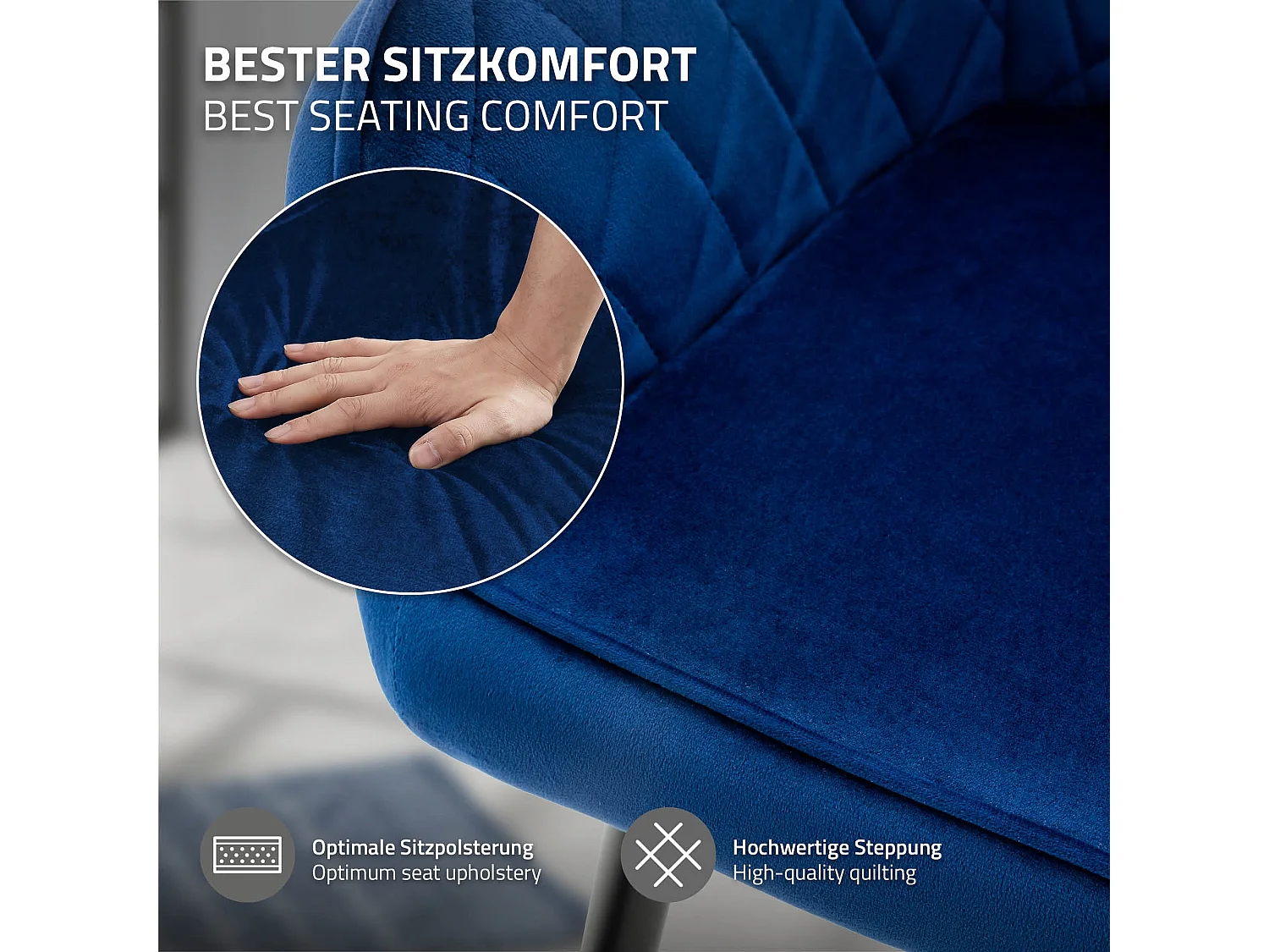 Lot de 6 chaises de salle à manger bleu foncé dossier et accoudoirs ergonomiques revêtement en velours respirant pieds noir en acier design moderne