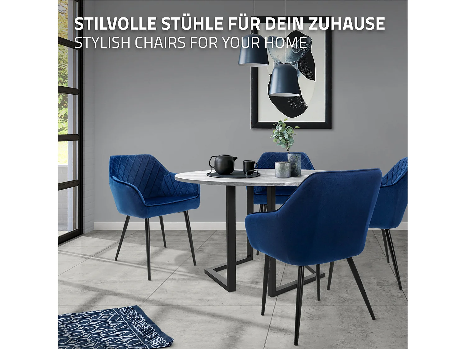 Lot de 6 chaises de salle à manger bleu foncé dossier et accoudoirs ergonomiques revêtement en velours respirant pieds noir en acier design moderne