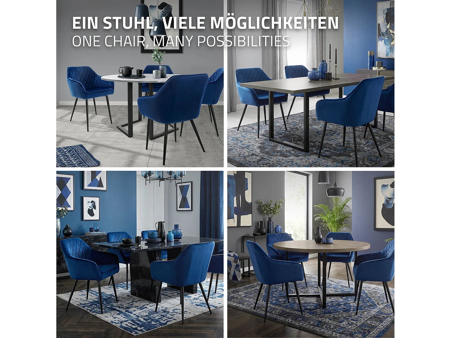 Lot de 6 chaises de salle à manger bleu foncé dossier et accoudoirs ergonomiques revêtement en velours respirant pieds noir en acier design moderne
