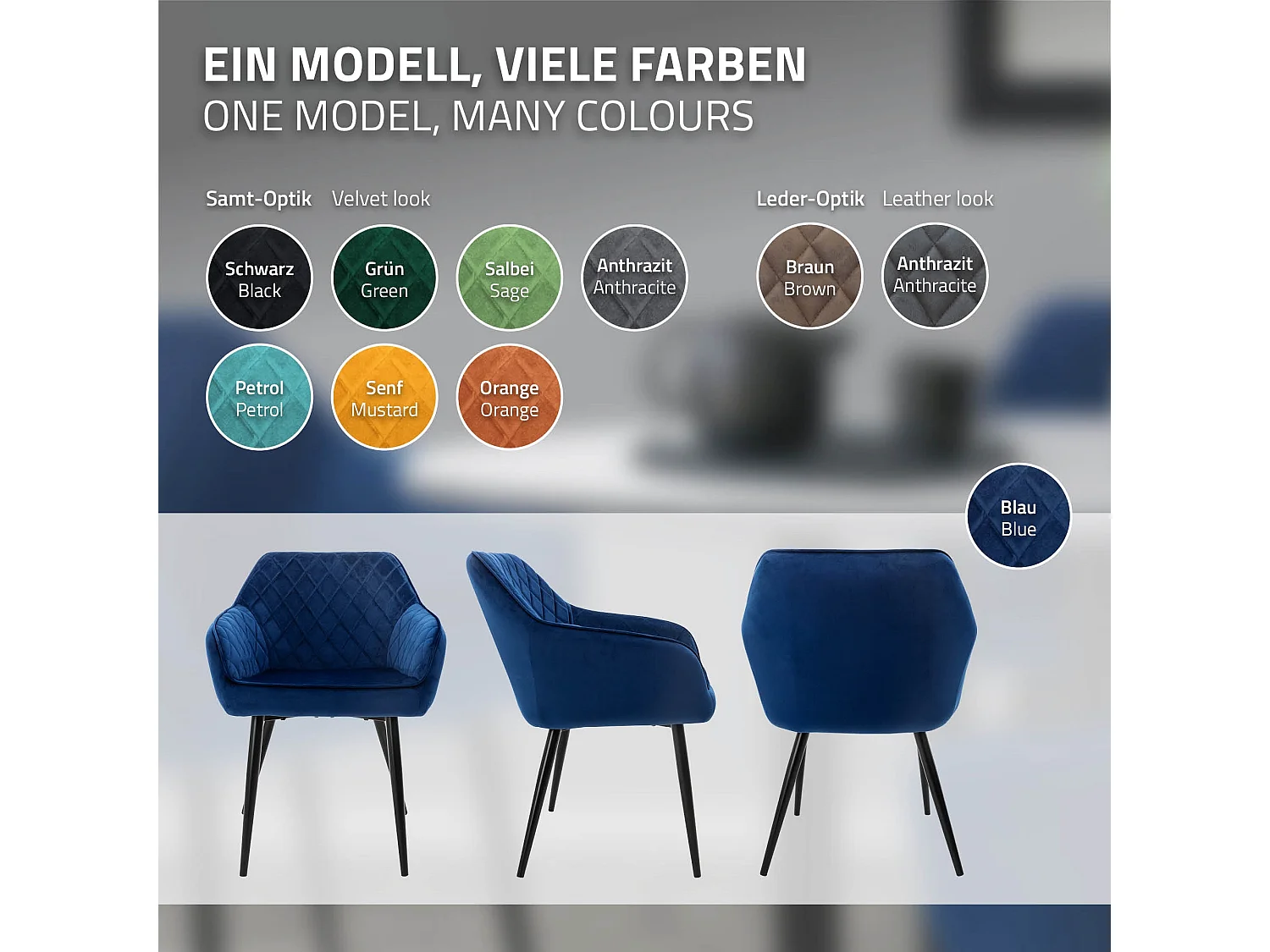Lot de 6 chaises de salle à manger bleu foncé dossier et accoudoirs ergonomiques revêtement en velours respirant pieds noir en acier design moderne
