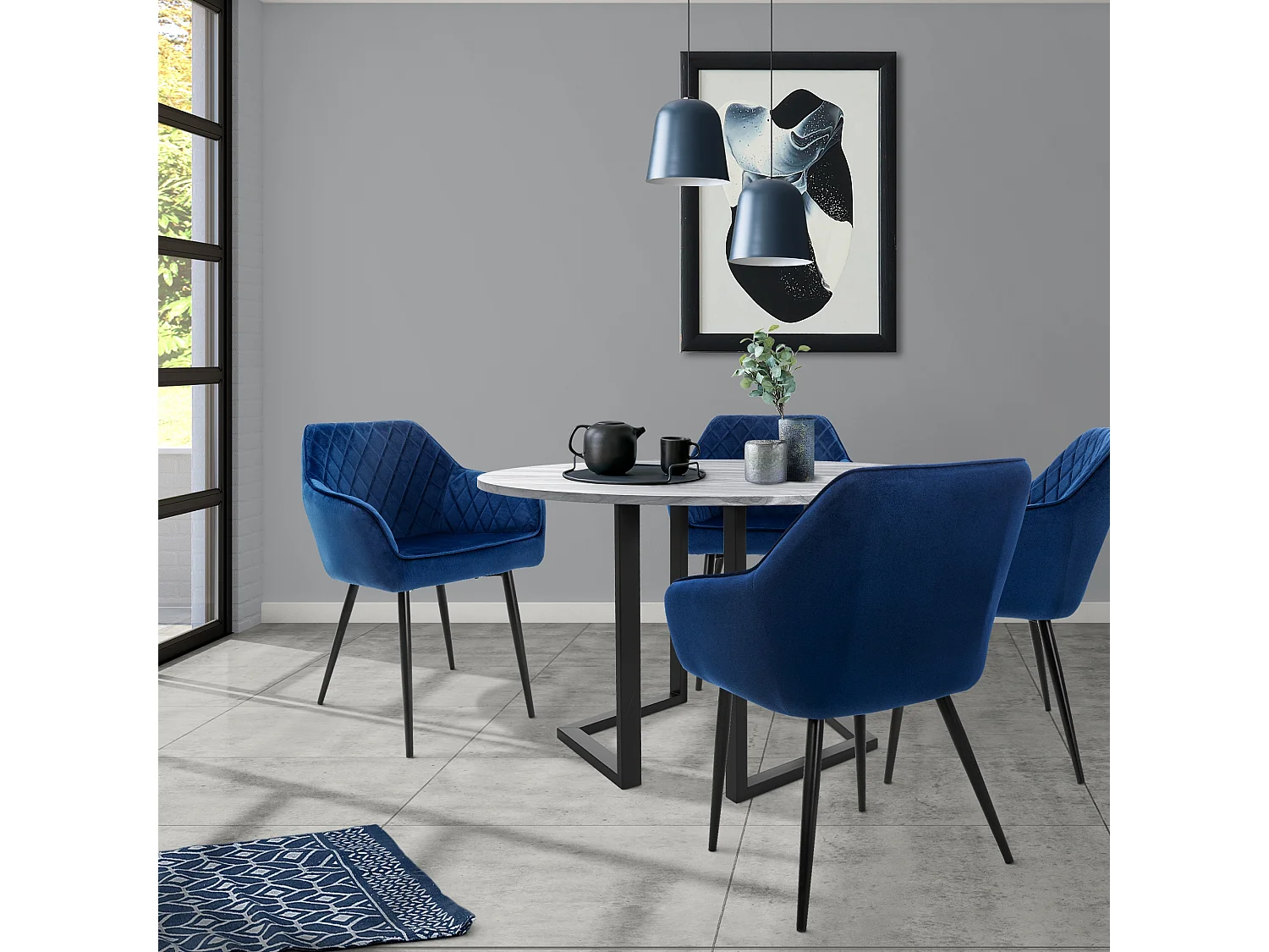 Lot de 6 chaises de salle à manger bleu foncé dossier et accoudoirs ergonomiques revêtement en velours respirant pieds noir en acier design moderne