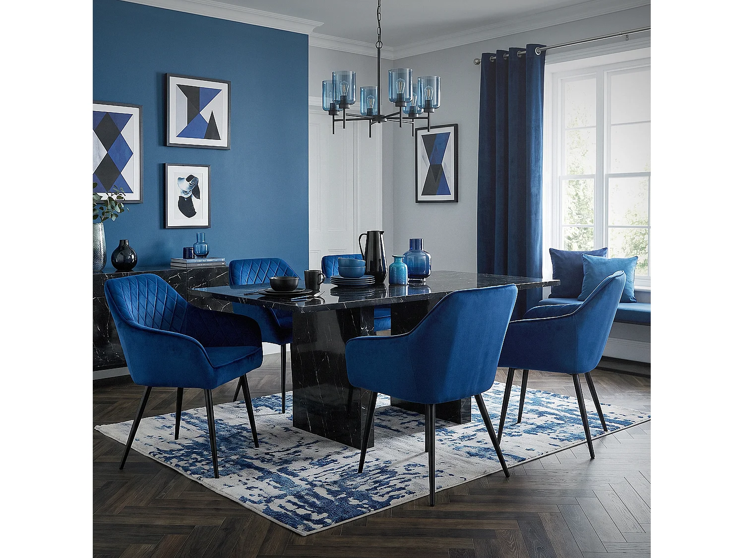 Lot de 6 chaises de salle à manger bleu foncé dossier et accoudoirs ergonomiques revêtement en velours respirant pieds noir en acier design moderne