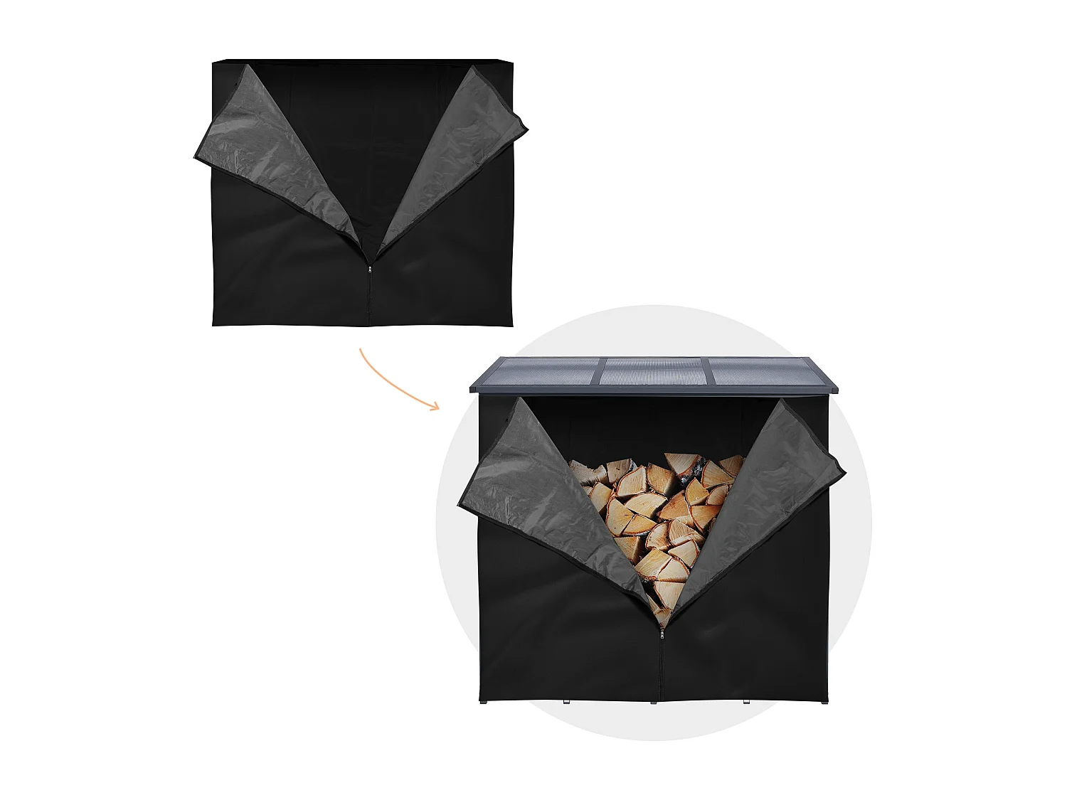 Housse d'étagère bois de cheminée 185L x 125H cm noir bâche de protection pluie