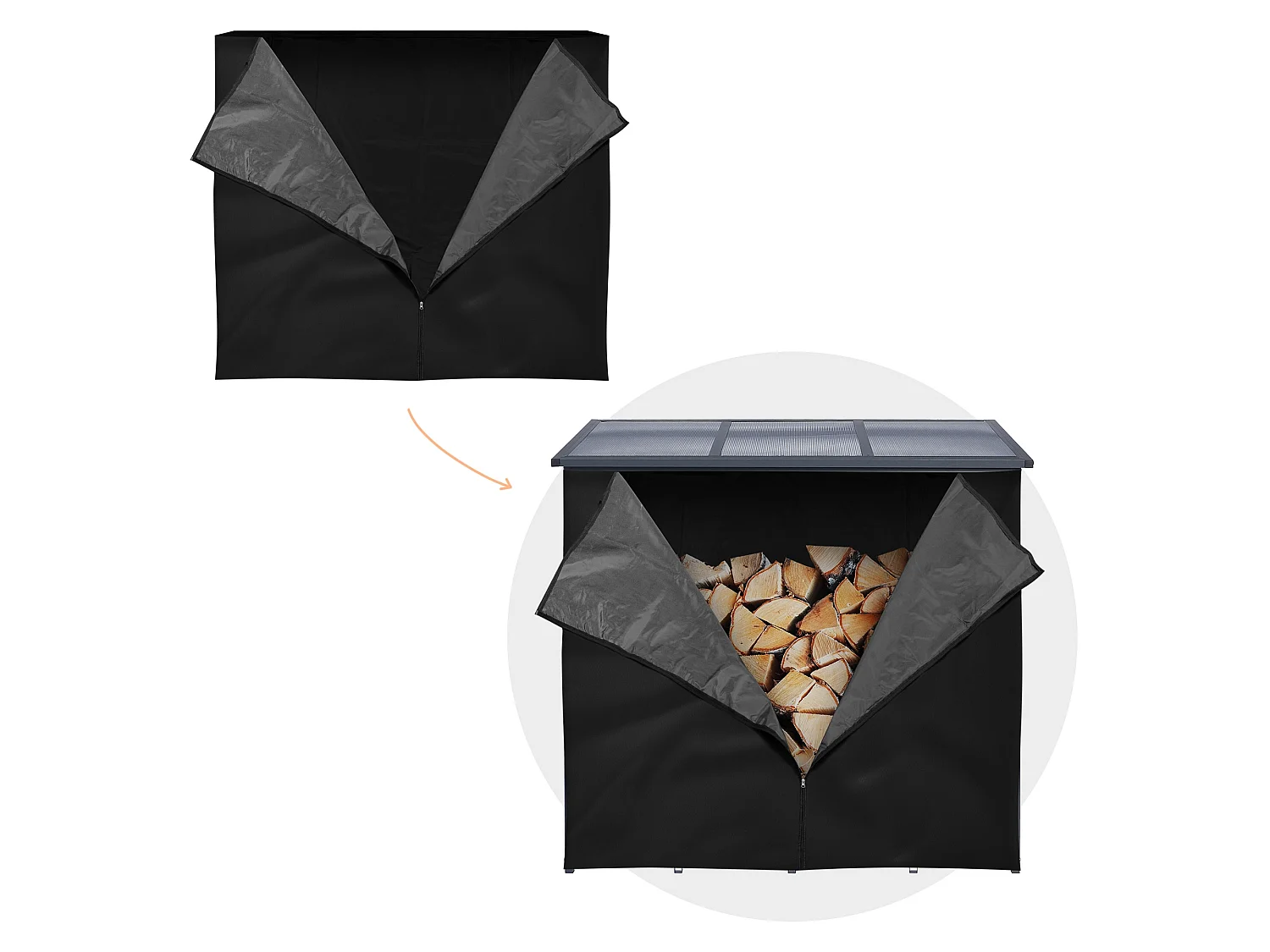 Housse d'étagère bois de cheminée 185L x 125H cm noir bâche de protection pluie