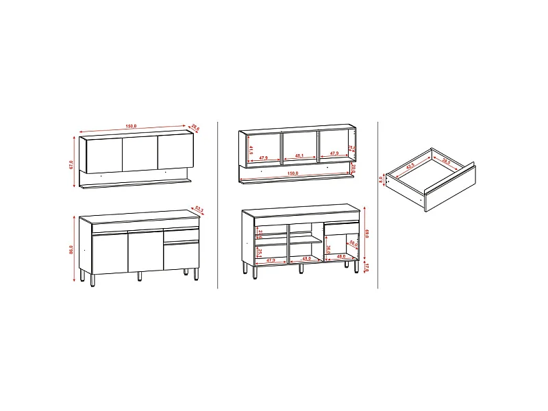 Cuisine Equipée 6 Portes 1 Tiroir Chêne et Blanc Largeur 150 cm