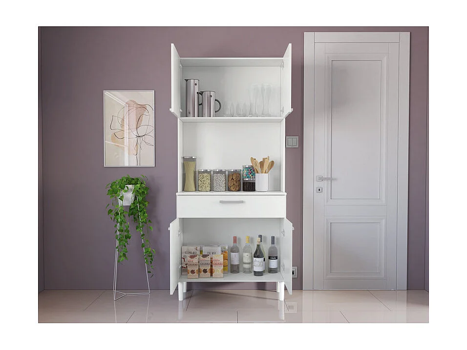 Buffet de Cuisine 4 Portes 1 Tiroir Blanc 3 Niches L 80 H 180 P 36.3 cm