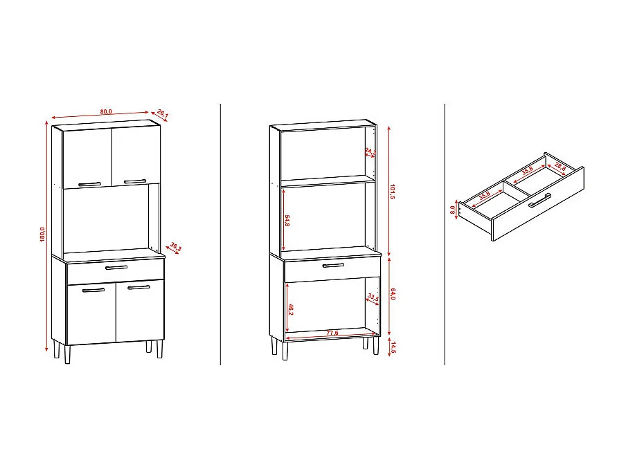 Buffet de Cuisine 4 Portes 1 Tiroir Blanc 3 Niches L 80 H 180 P 36.3 cm
