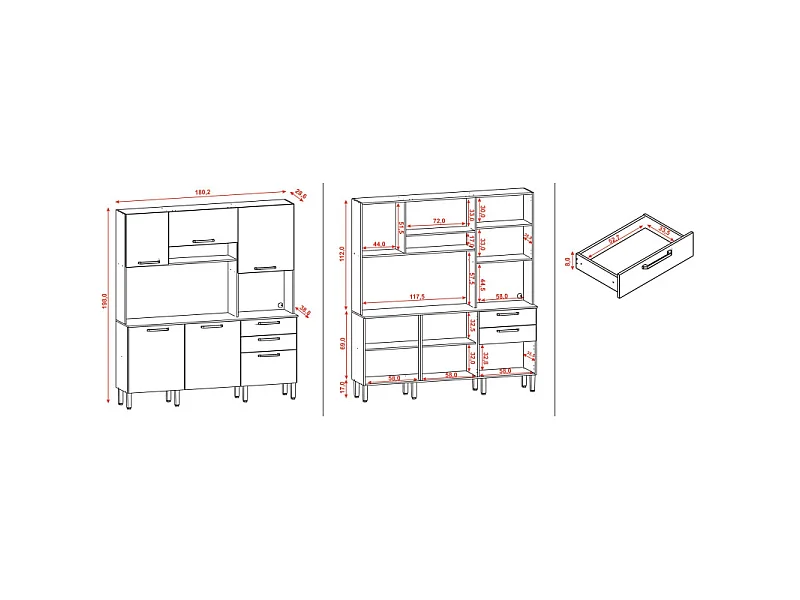 Buffet de Cuisine 6 Portes 2 Tiroirs Chêne et Blanc L 180.2 H 198 P 38.8 cm