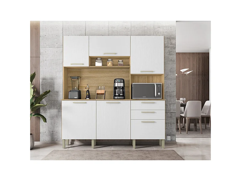 Buffet de Cuisine 6 Portes 2 Tiroirs Chêne et Blanc L 180.2 H 198 P 38.8 cm