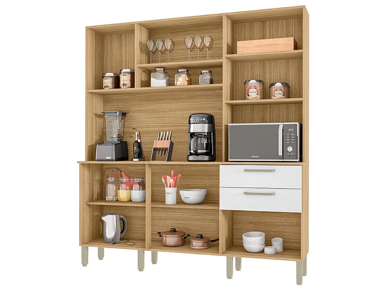 Buffet de Cuisine 6 Portes 2 Tiroirs Chêne et Blanc L 180.2 H 198 P 38.8 cm