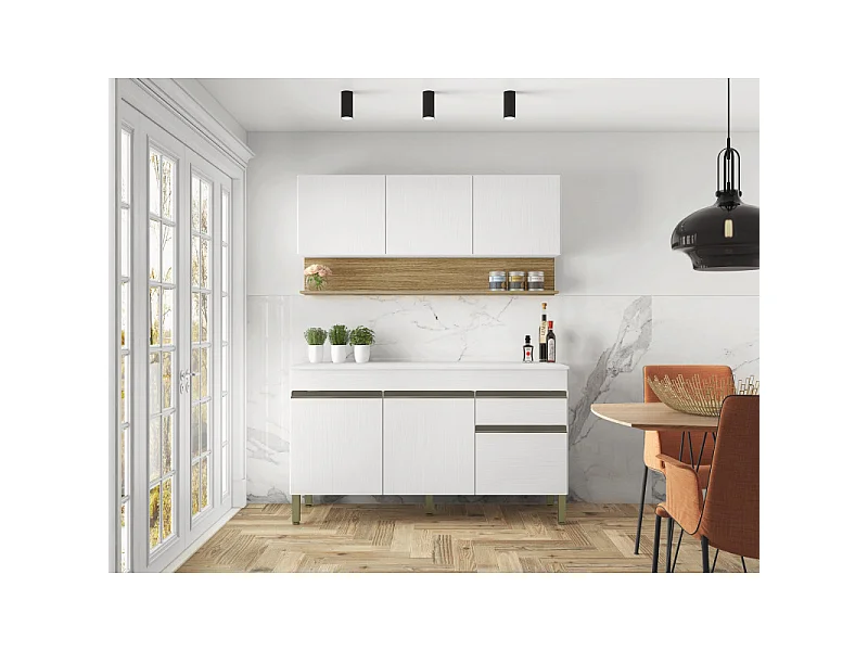 Cuisine Equipée 6 Portes 1 Tiroir Chêne et Blanc 9 NIches L 120 H 200 P 53.3 cm