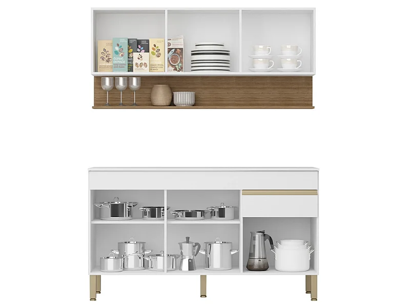 Cuisine Equipée 6 Portes 1 Tiroir Chêne et Blanc 9 NIches L 120 H 200 P 53.3 cm